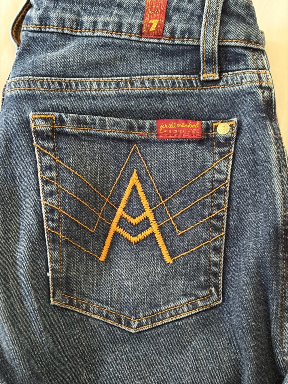 7 For All Mankind Blue Denim Jeans with Yellow Stitching